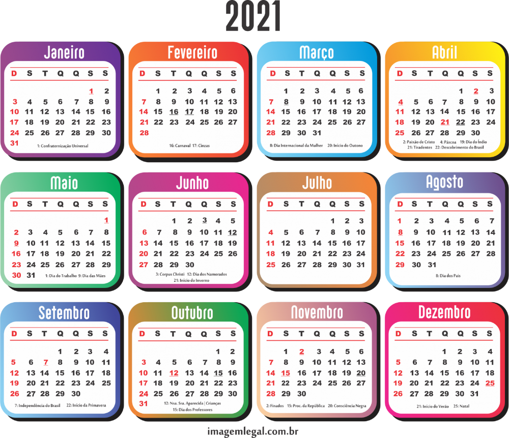 Grade Calendário 2021 com Feriados Colorida | Imagem Legal | Modelos de  calendário, Modelos de grade, Calendário com feriados