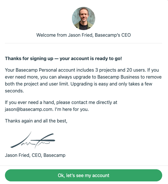 Basecamp’s onboarding email best product led growth examples