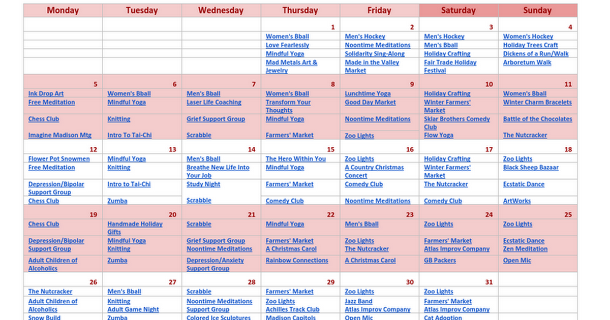 December MADISON Activity Calendar Google Docs