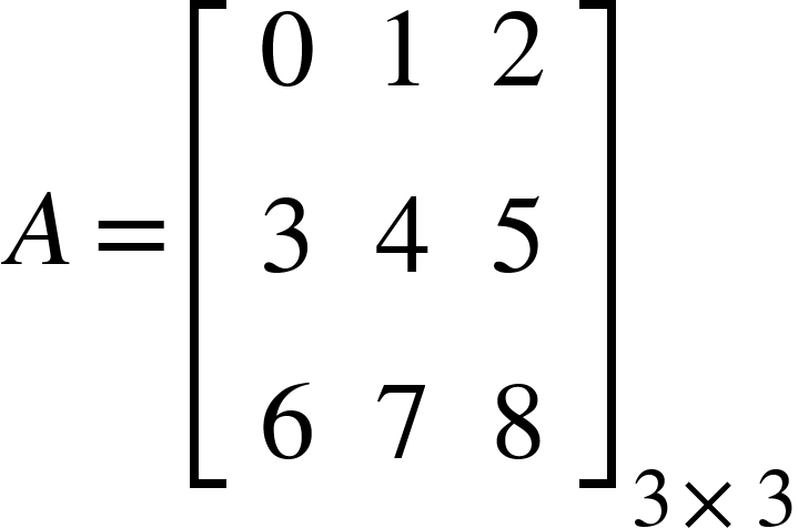 <math xmlns="http://www.w3.org/1998/Math/MathML"><mi>A</mi><mo>=</mo><msub><mfenced open="[" close="]"><mtable><mtr><mtd><mn>0</mn></mtd><mtd><mn>1</mn></mtd><mtd><mn>2</mn></mtd></mtr><mtr><mtd><mn>3</mn></mtd><mtd><mn>4</mn></mtd><mtd><mn>5</mn></mtd></mtr><mtr><mtd><mn>6</mn></mtd><mtd><mn>7</mn></mtd><mtd><mn>8</mn></mtd></mtr></mtable></mfenced><mrow><mn>3</mn><mo>&#xD7;</mo><mn>3</mn></mrow></msub></math>