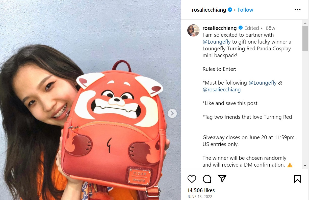 Screenshot of Rosalie Chiang's post promoting Loungefly's Turning Red Panda Cosplay mini backpack.
