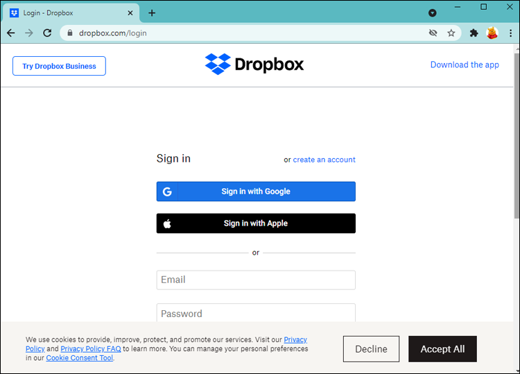 At first, log into your Dropbox account