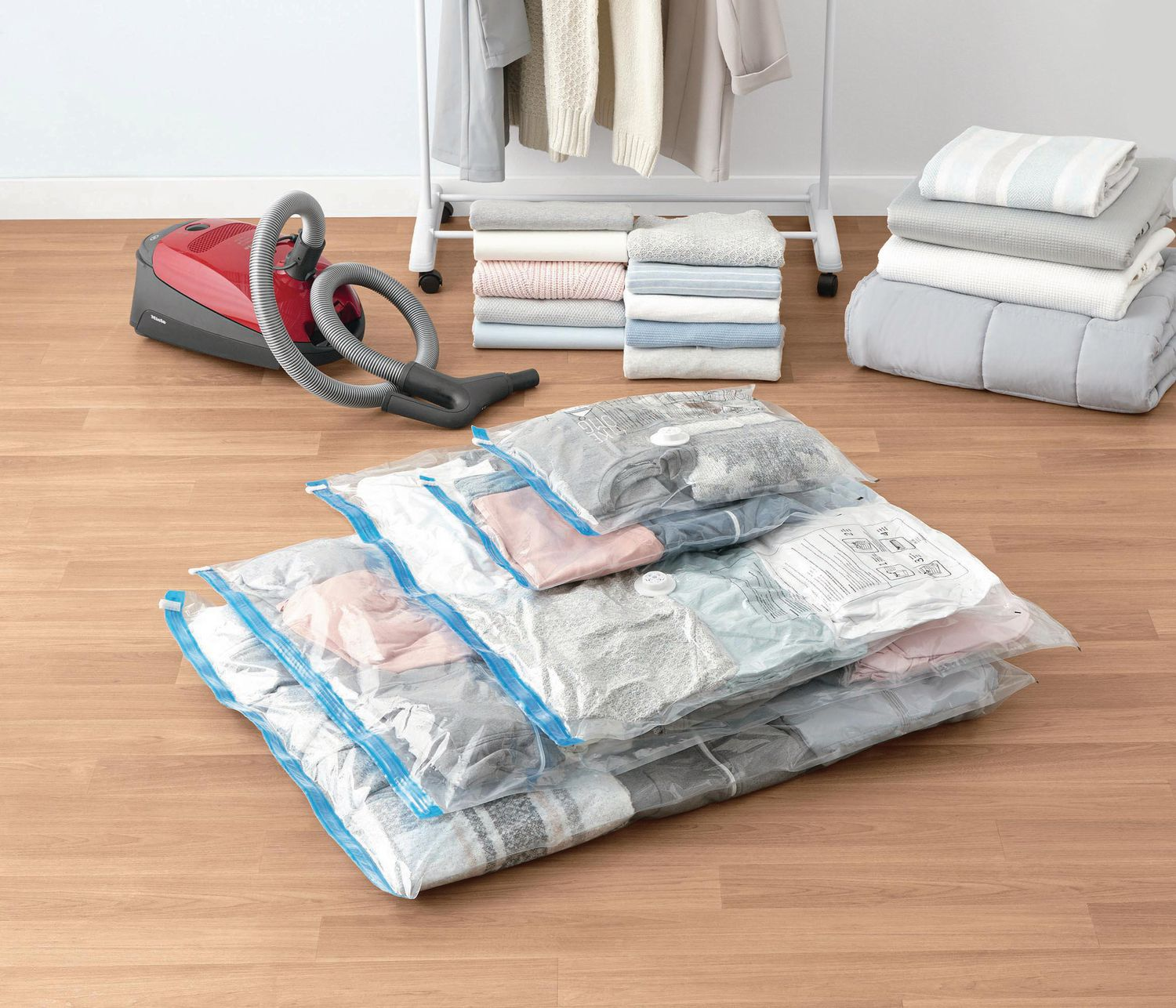 vacuum bag with sheets inside depicting how to store sheets in a home