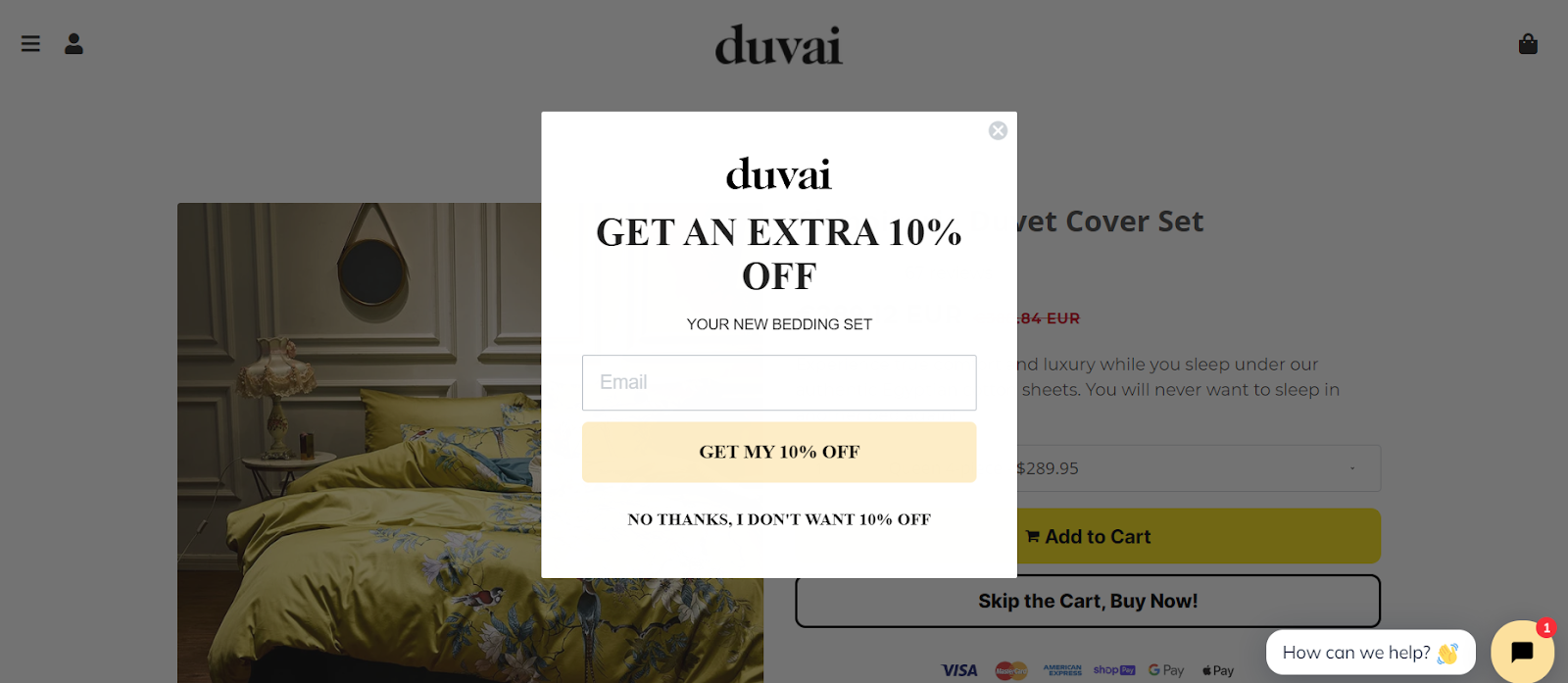 Exit intent popup that brand called Duvai uses