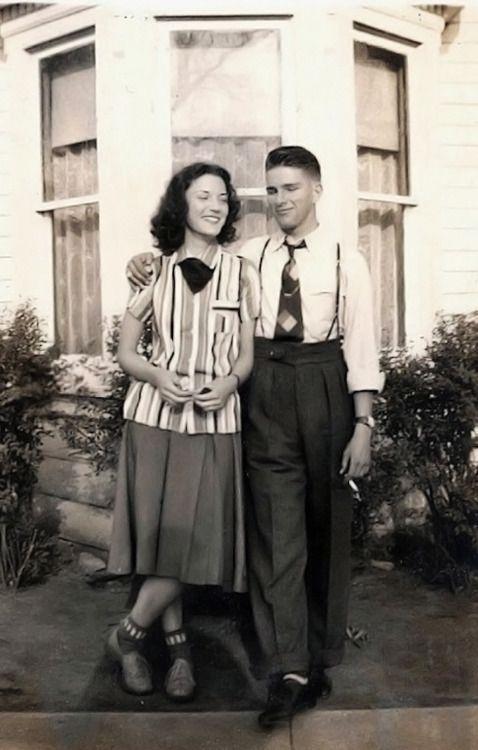 Young couple, 1940s || vintage mens outfit clothing pants tie shirt suspenders: 