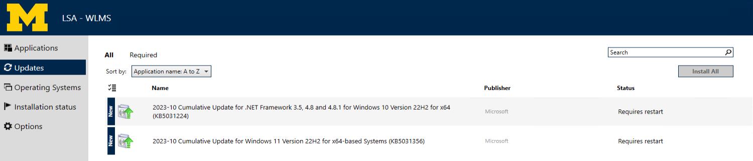 Screenshot of Software Center Updates tab with pending Windows updates.