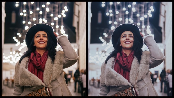 Montagem de duas fotos usando a mesma mulher com roupas de frio, olhando pra cima e com um fundo de luzes de Natal. Foto 1 sem edições e foto 2 usando o Filtro FZ-3