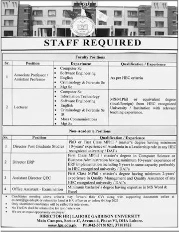 Teaching and Non-Teaching Jobs 2023 in Lahore Garrison University