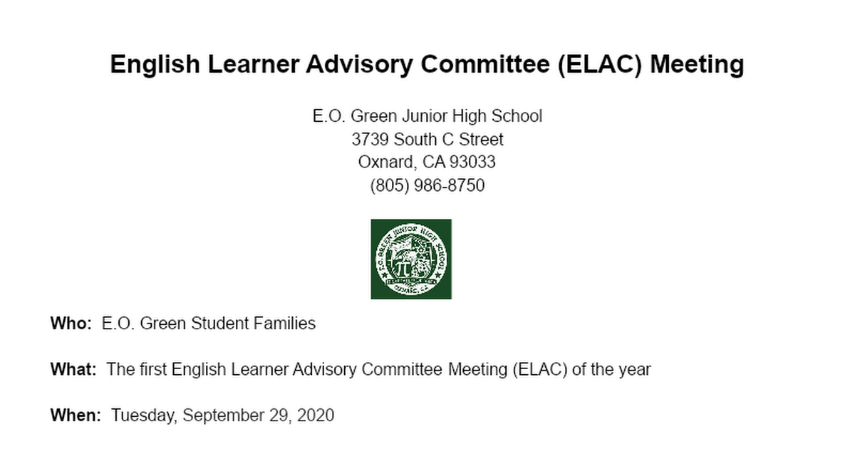 9/29/20 ELAC Important Meeting- Reunión Importante