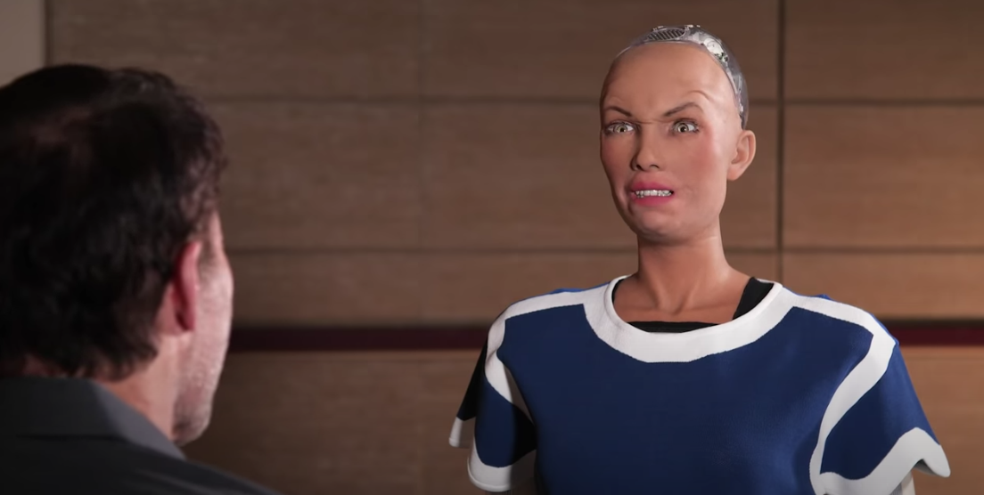 AI Sophia displays anger through artificial facial muscles