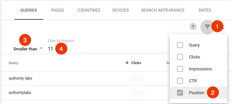 filter keywords by position in google search console