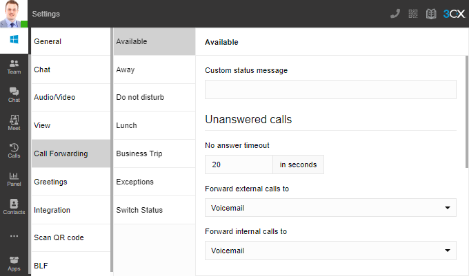 Statusoptionen im 3CX Webclient