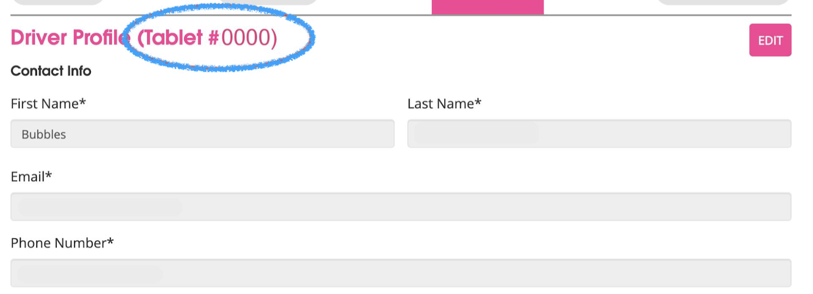 Driver Dashboard showing tablet number next to Driver Profile.