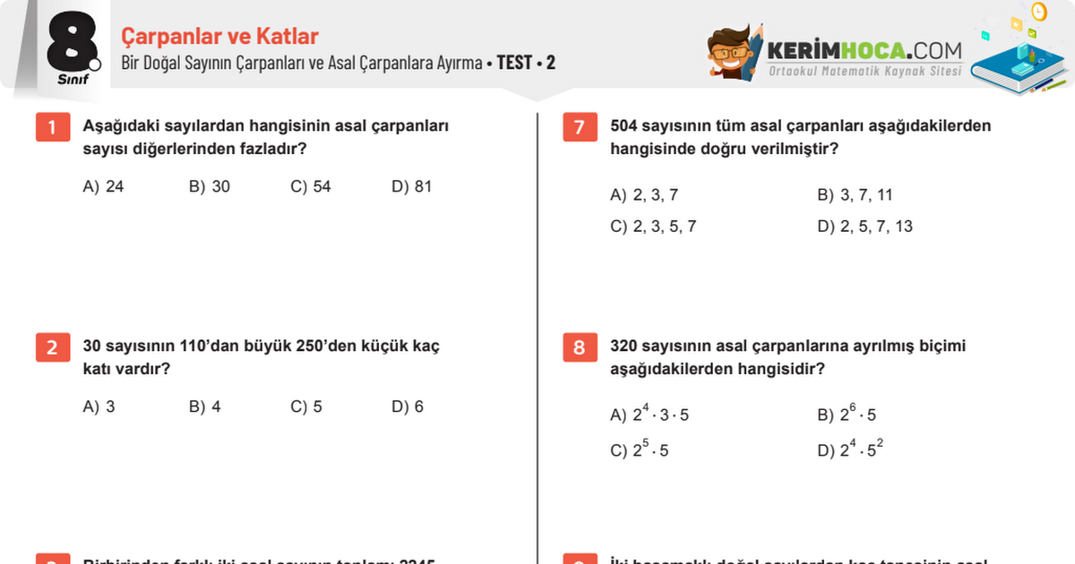 8 Sinif Carpanlar Ve Asal Carpanlara Ayirma Test 2 Pdf Google Drive