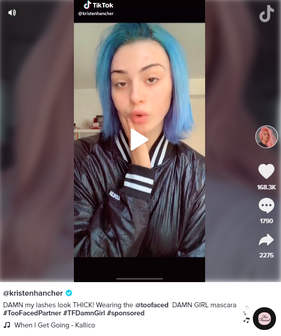 TikTok influencer Kristen Hancher's sponsored post for TooFaced.