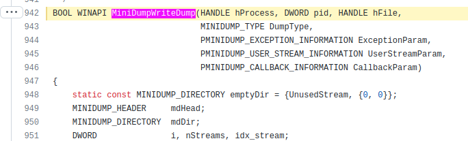 MiniDumpWriteDump source code from GitHub screenshot by White Oak Security’s expert security testing pentesters 