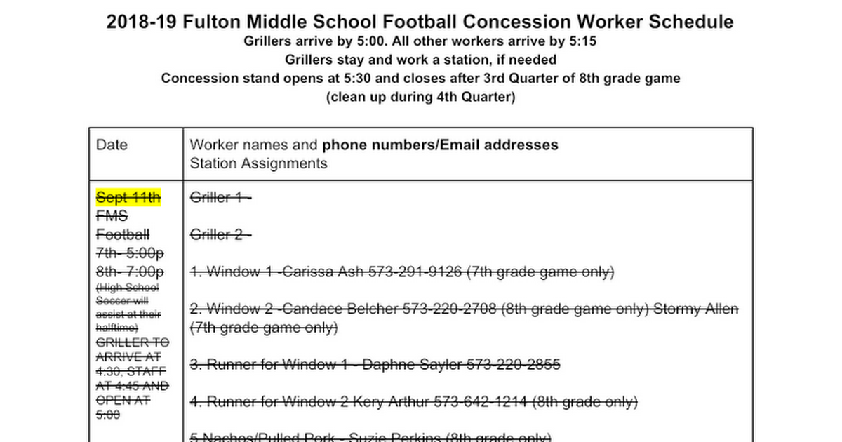 2018-19 Fulton Middle School Football Concession Worker Schedule