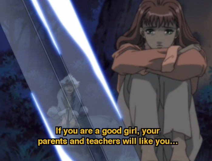 Youko stares at a sword. Subtitles read "If you are a good girl, your parents and teachers will like you..."