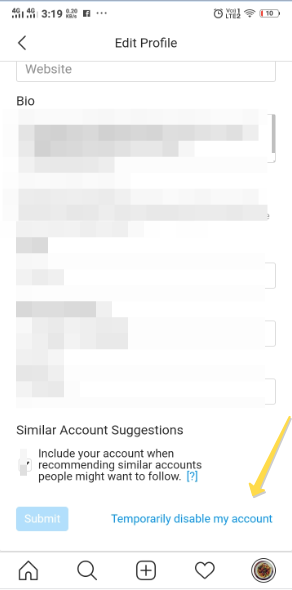 how to disable instagram account using mobile