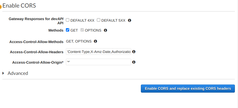 Enabling CORS-AWS API creation