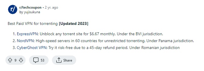 Reddit comments about the best VPN services for Torrenting