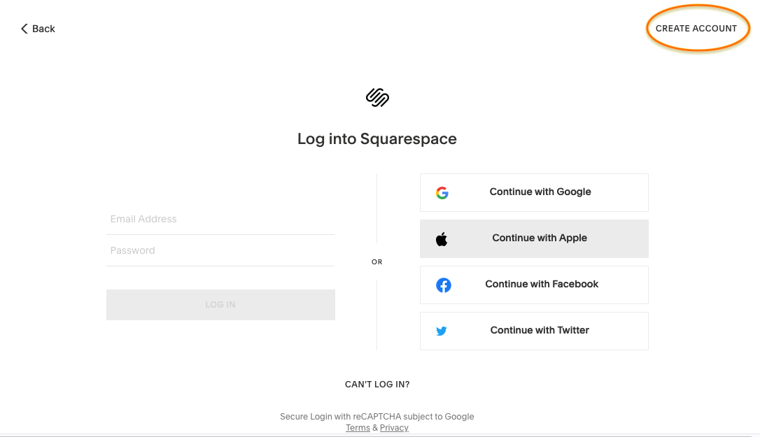 Squarespace website anmeldung screenshot