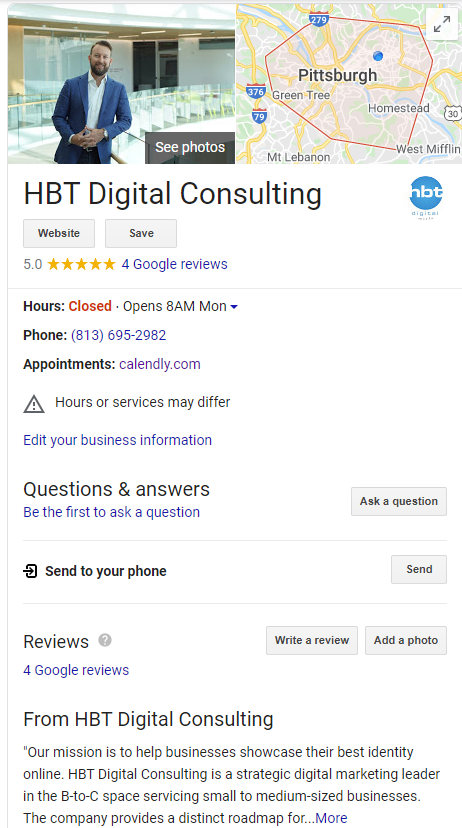 HBT Digital Consulting's Google My Business Page