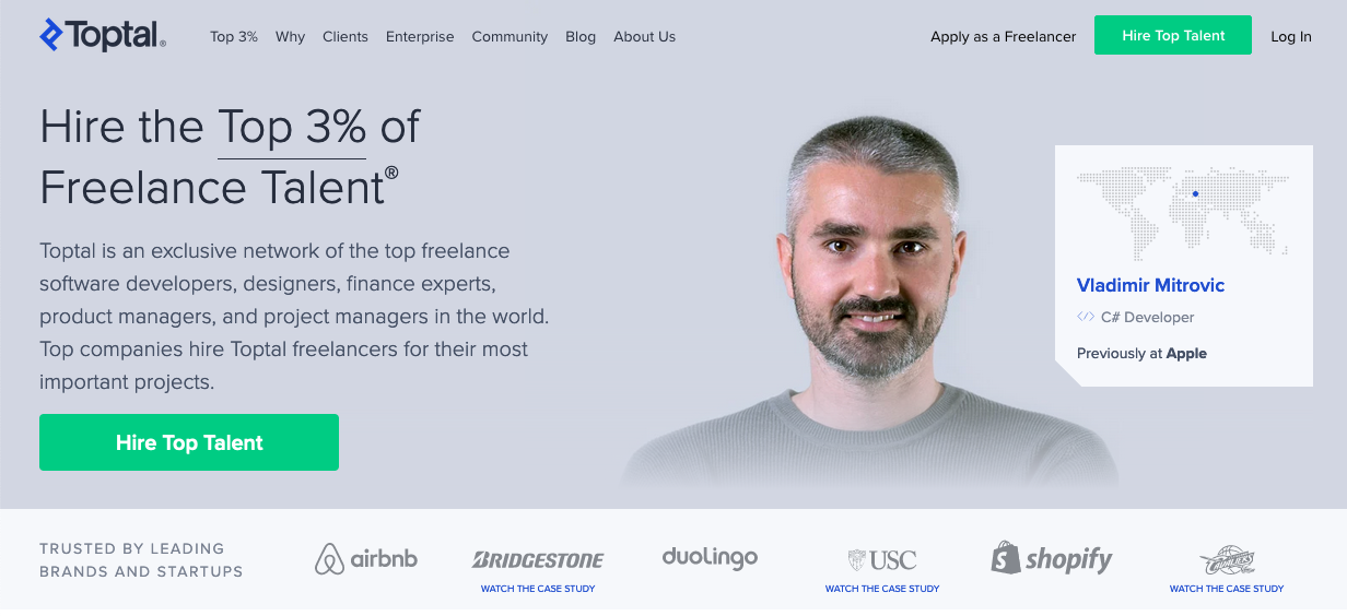 Captura de pantalla del sitio web de trabajo independiente: Toptal