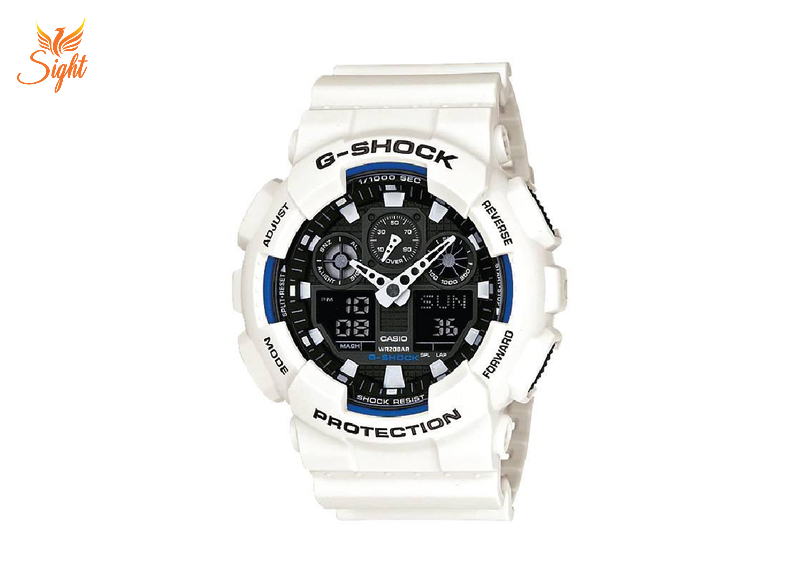 G-Shock GA-100B-7ADR có vẻ ngoài hiện đại, với sự kết hợp màu sắc đen - trắng xanh độc đáo