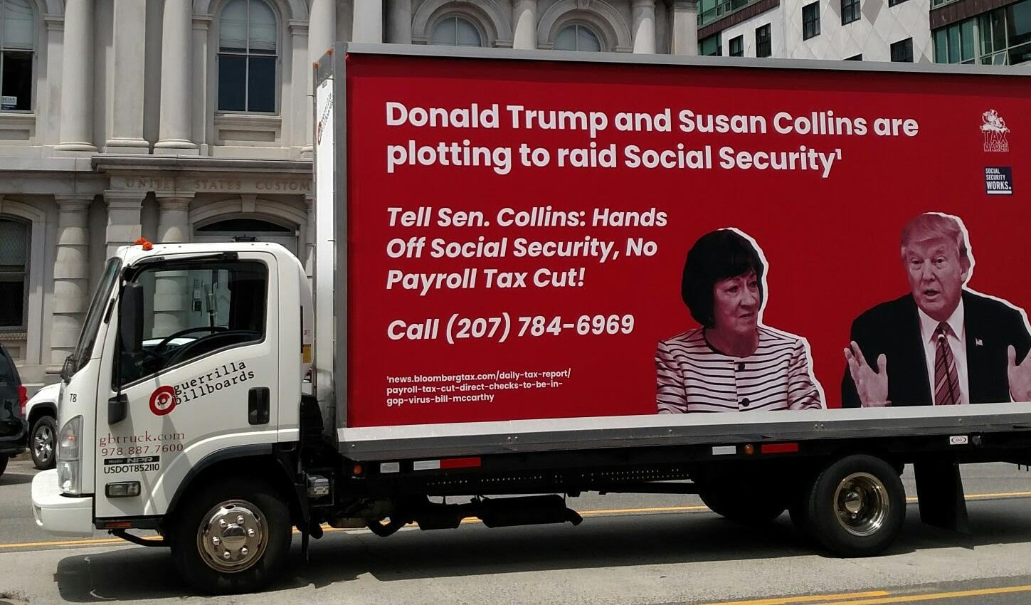 Photo of a billboard truck highlighting Sen. Susan Collins' record on Social Security