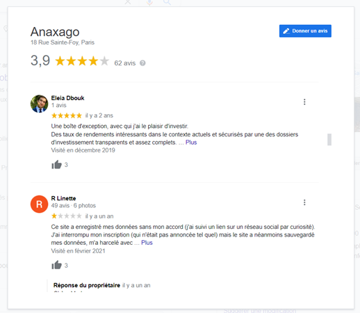Avis Google sur Anaxago