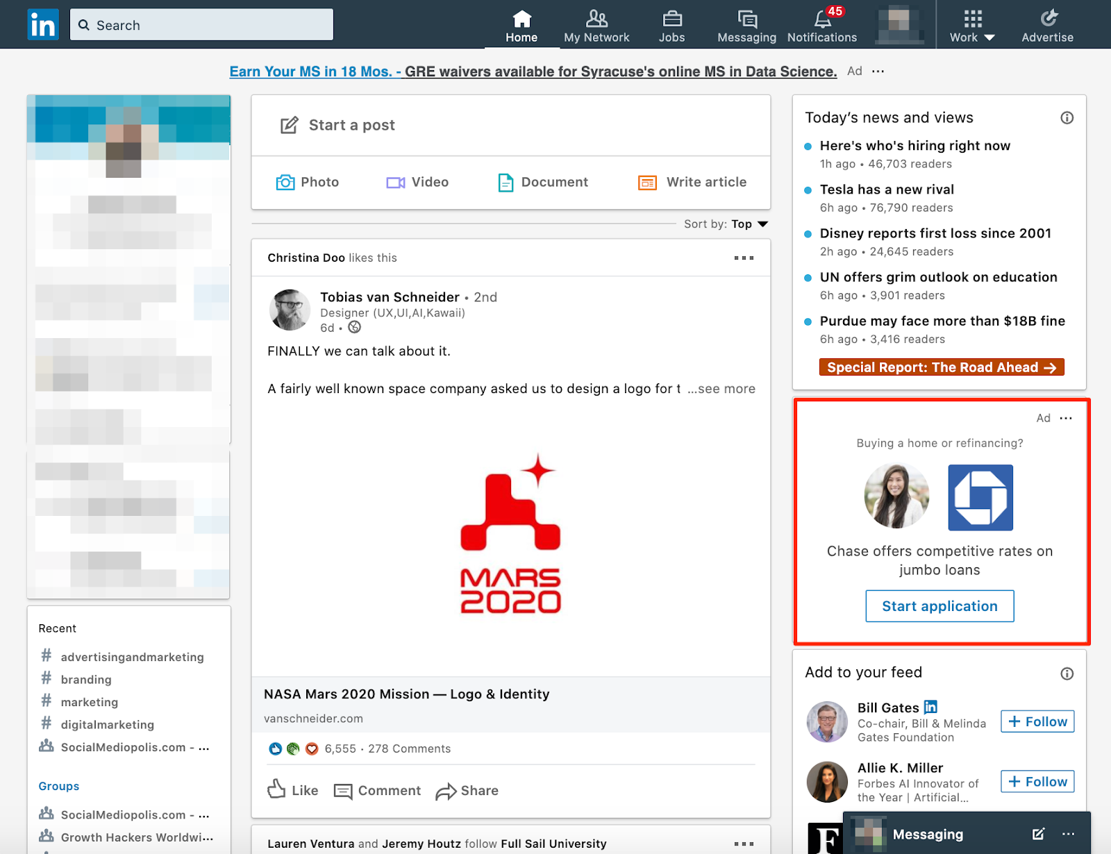 Screenshot of Dynamic Ads on the right sidebar of the LinkedIn dashboard.