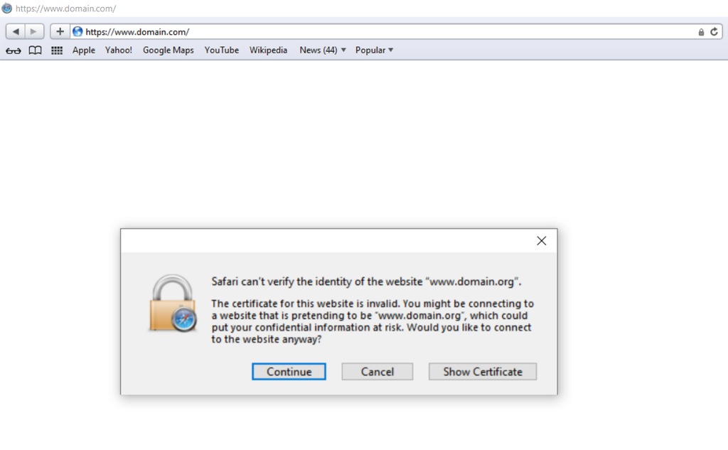 captura de tela indicando como é exibida a mensagem de erro net::err_cert_authority_invalid no navegador Safari