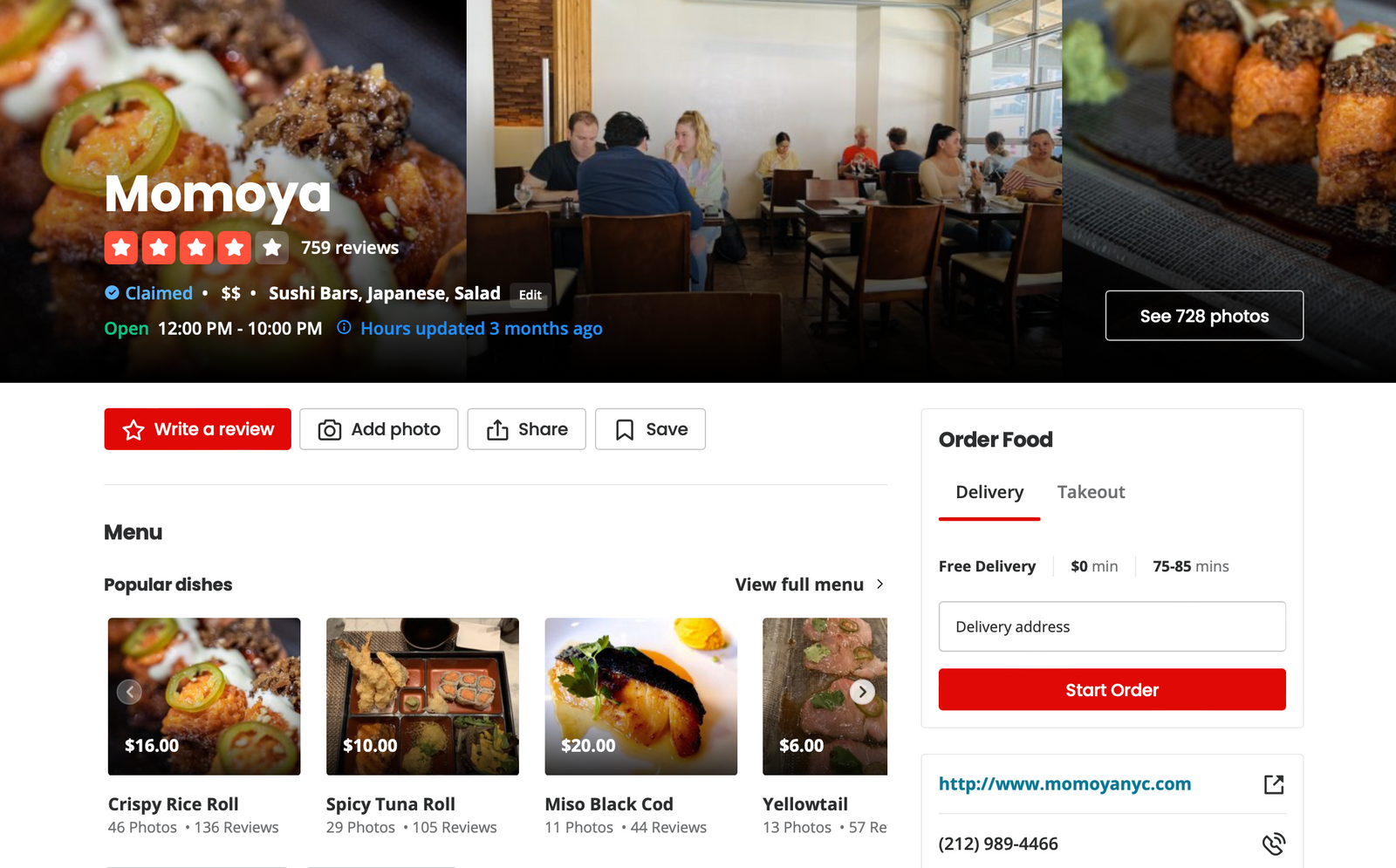 Momoya NYC's claimed Yelp business page.