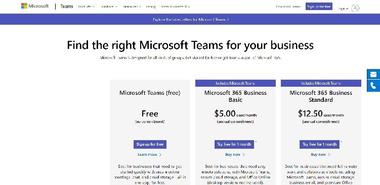 Page de tarification de Microsoft Teams