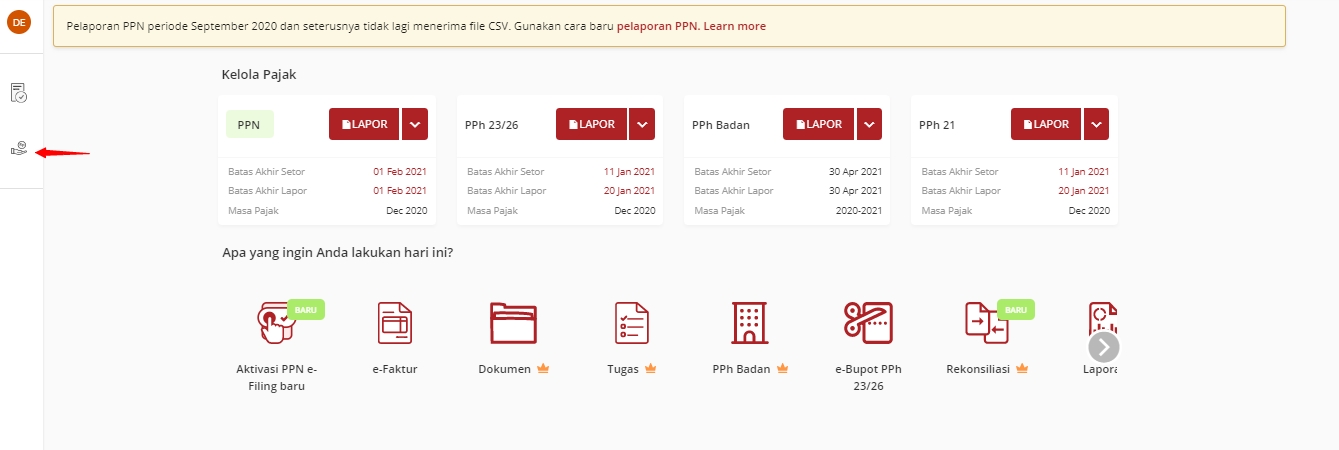 Klik menu yang ada di pojok kiri atas dan pilih Setor Pajak. 