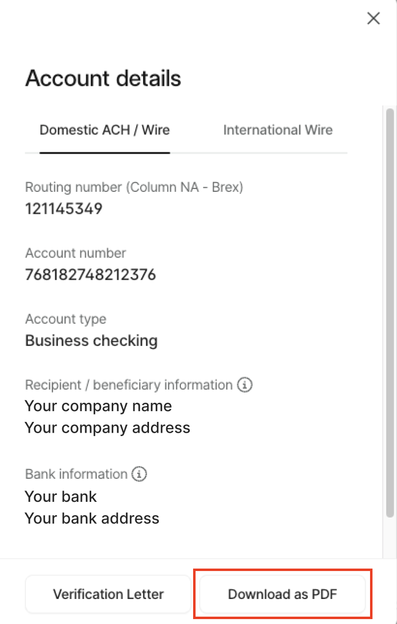 How do I find the ACH/wire transfer instructions for my Brex account?