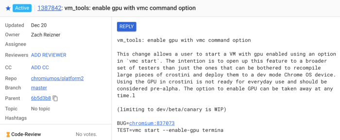Prise en charge GPU des applications Linux sous Chrome OS Gerrit commit