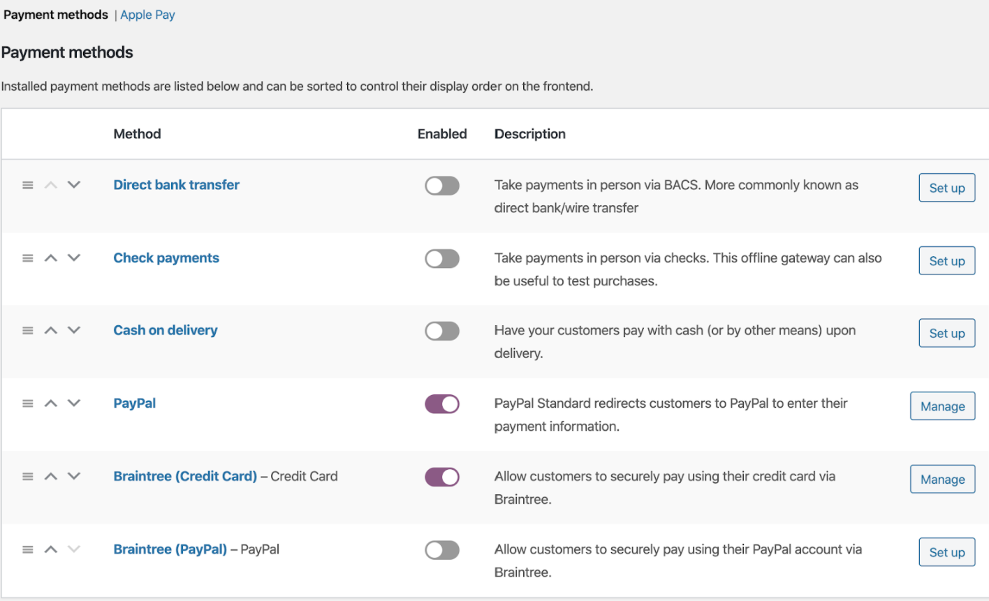 WooCommerce Payment methods settings