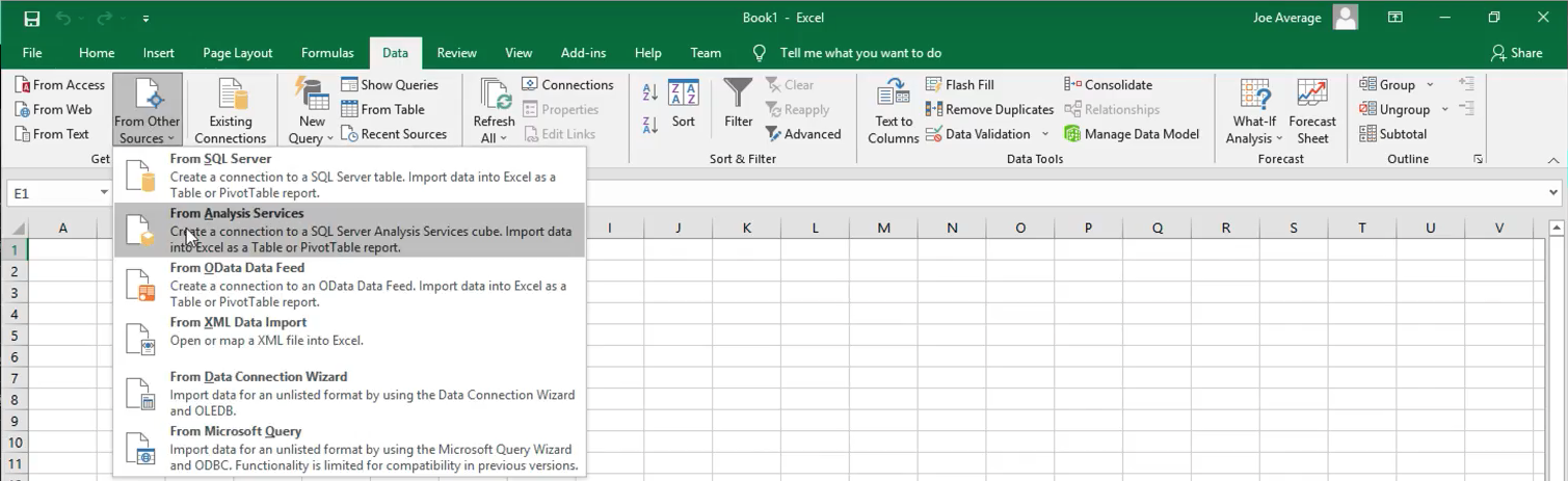 Excel Data Tab to Get External Data to From Other Sources to From Analysis Services
