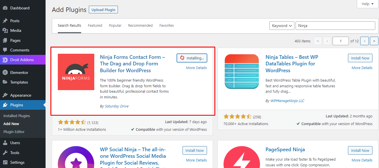Ninja Forms selected from WordPress dashboard 