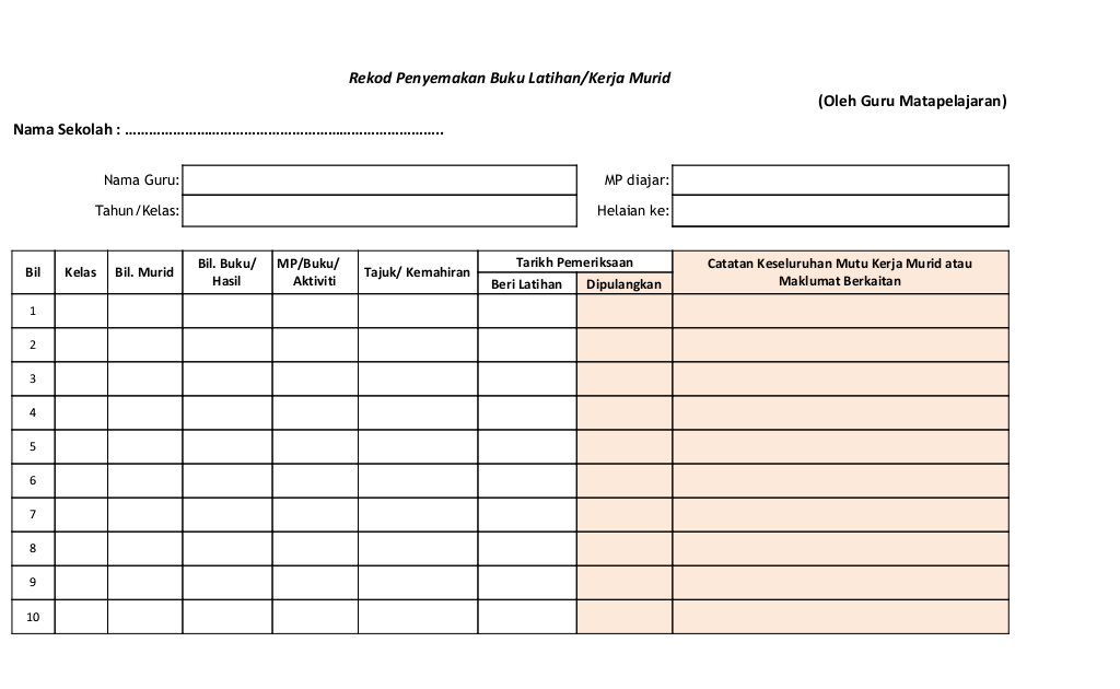 Borang Semakan Buku Latihan Murid Rekod Penyemakan Buku Latihan Kerja