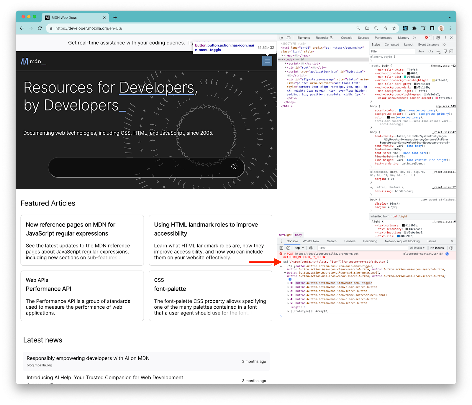How to grab the MDN buttons that contain icons in Chrome Dev Tools