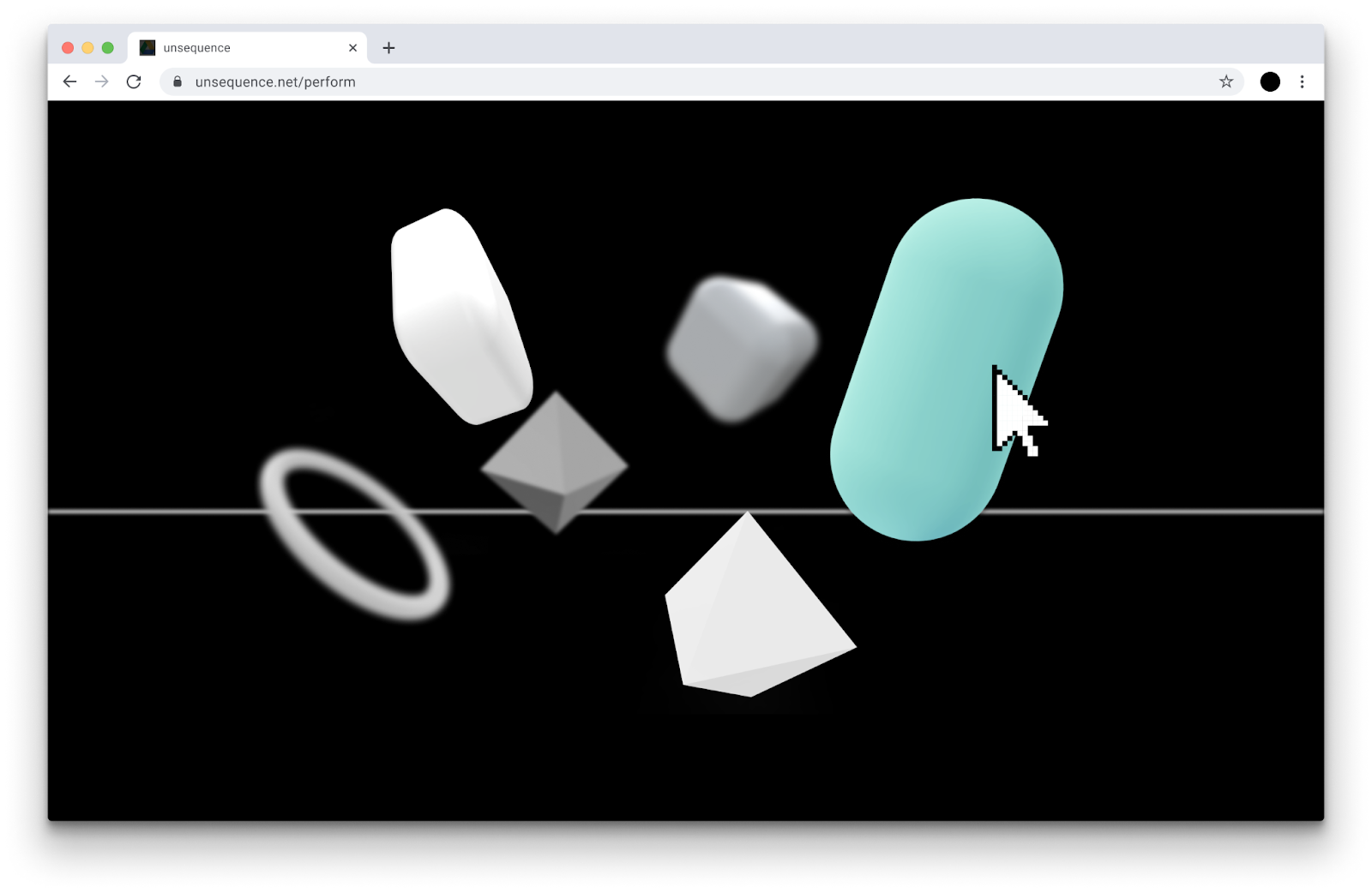 screen capture of unsequence.net where you have multiple 3d objects, representing each sound from the audience, floating around a black screen