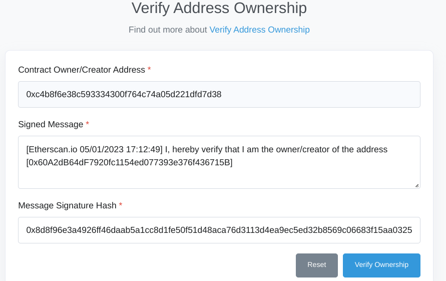 Verify ownership of token by signing a message on the block explorer