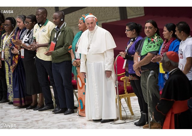 Pope Francis during an audience with participants of the Third World Meeting of Popular Movements on Saturday. - ANSA