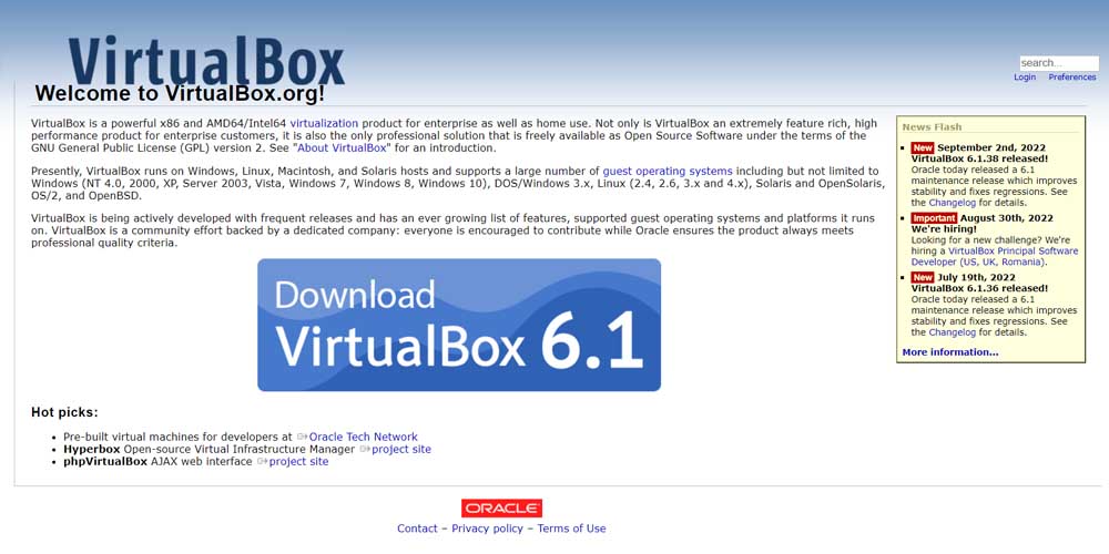 VirtualBox main page