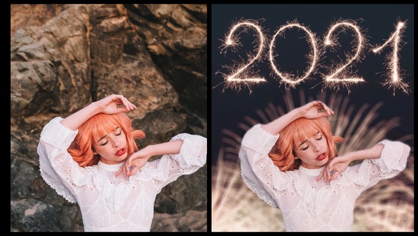 antes e depois da foto de uma mulher ruiva sendo que uma das fotos o fundo são fogos de artífico com 2021 escrito