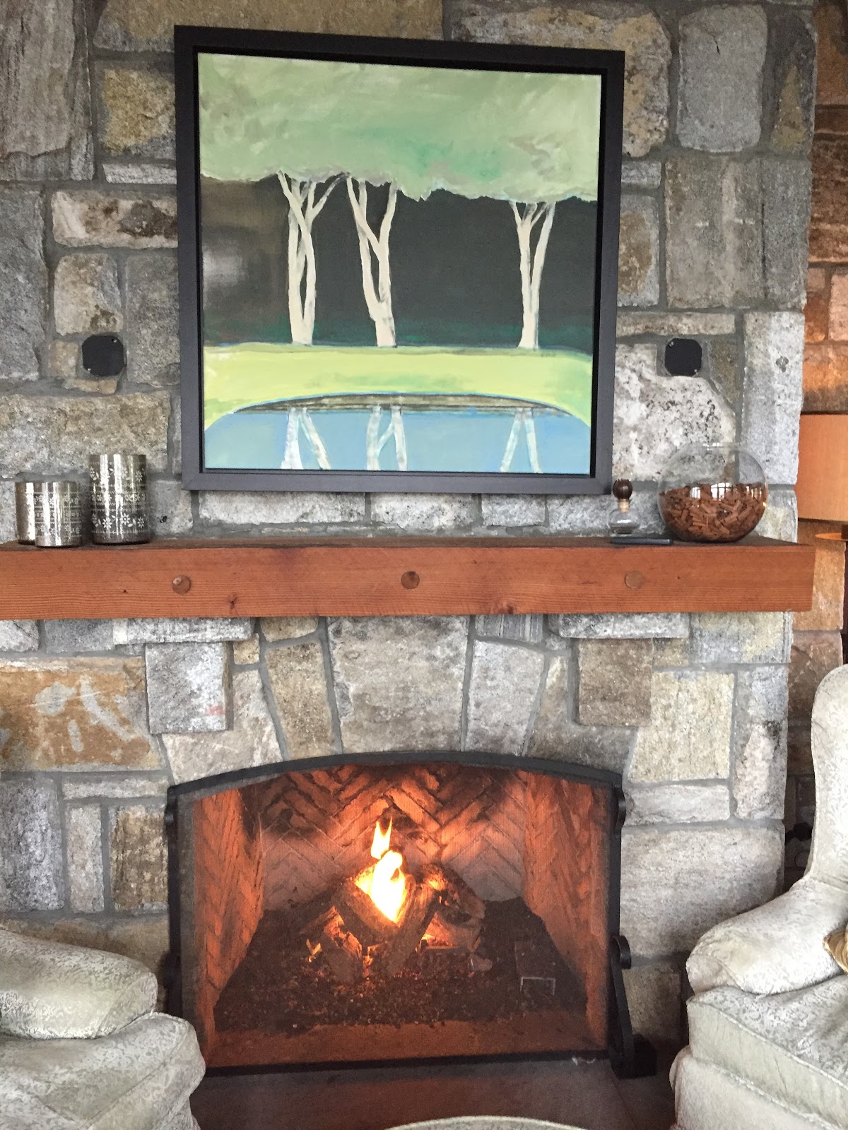 Stone Fireplace Burning
