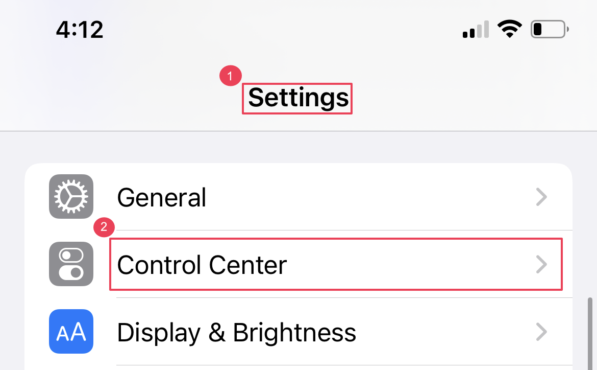 Red rectangles around Settings and Control Center.